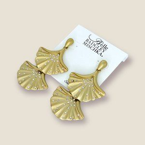 NEW Badgley Mischka Antique Gold Textured Fan 90s style Boho Statement Earrings